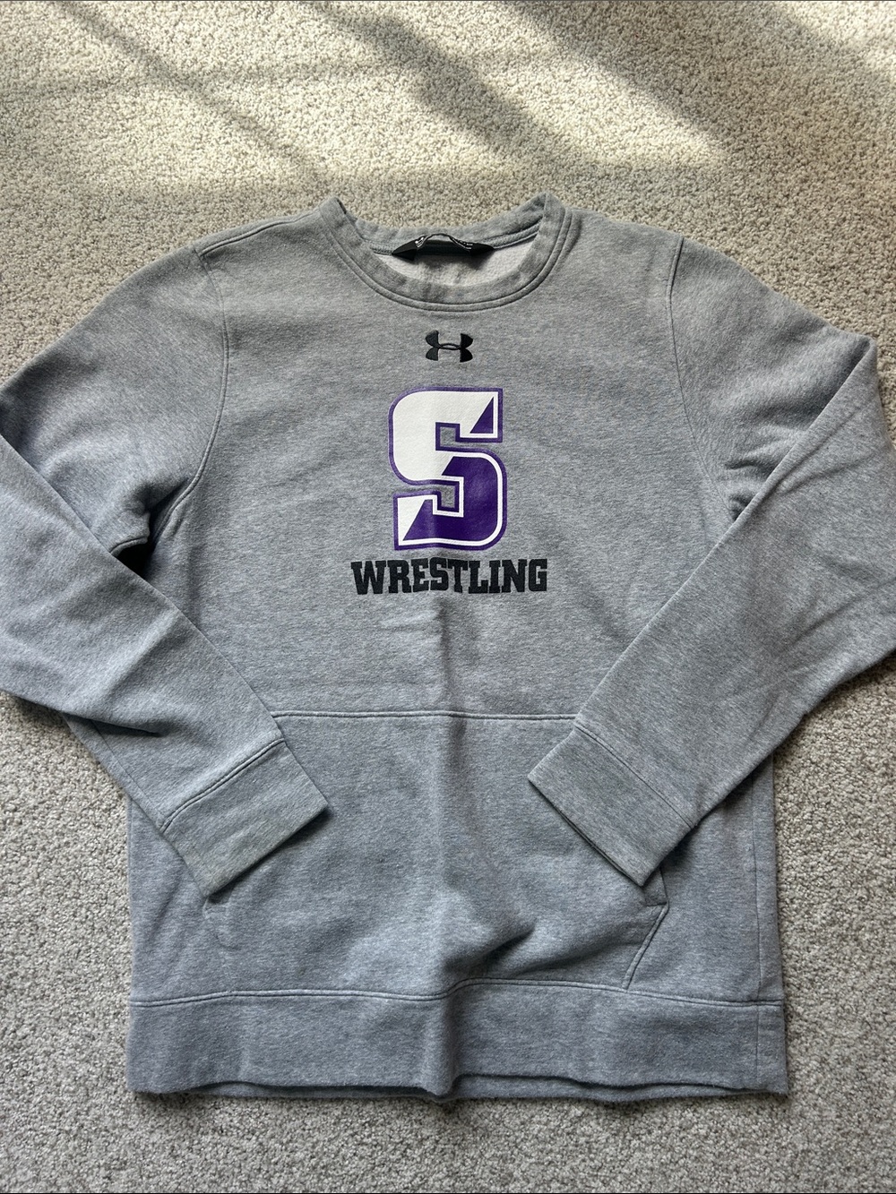 Under Armour Gray Crewneck Sweatshirt with Purple 'S' Wrestling Logo